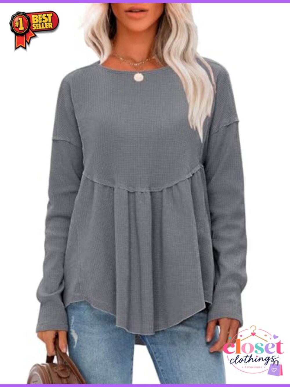 Waffle Knit Long Sleeve Tunic Top Crewneck Babydoll Maternity